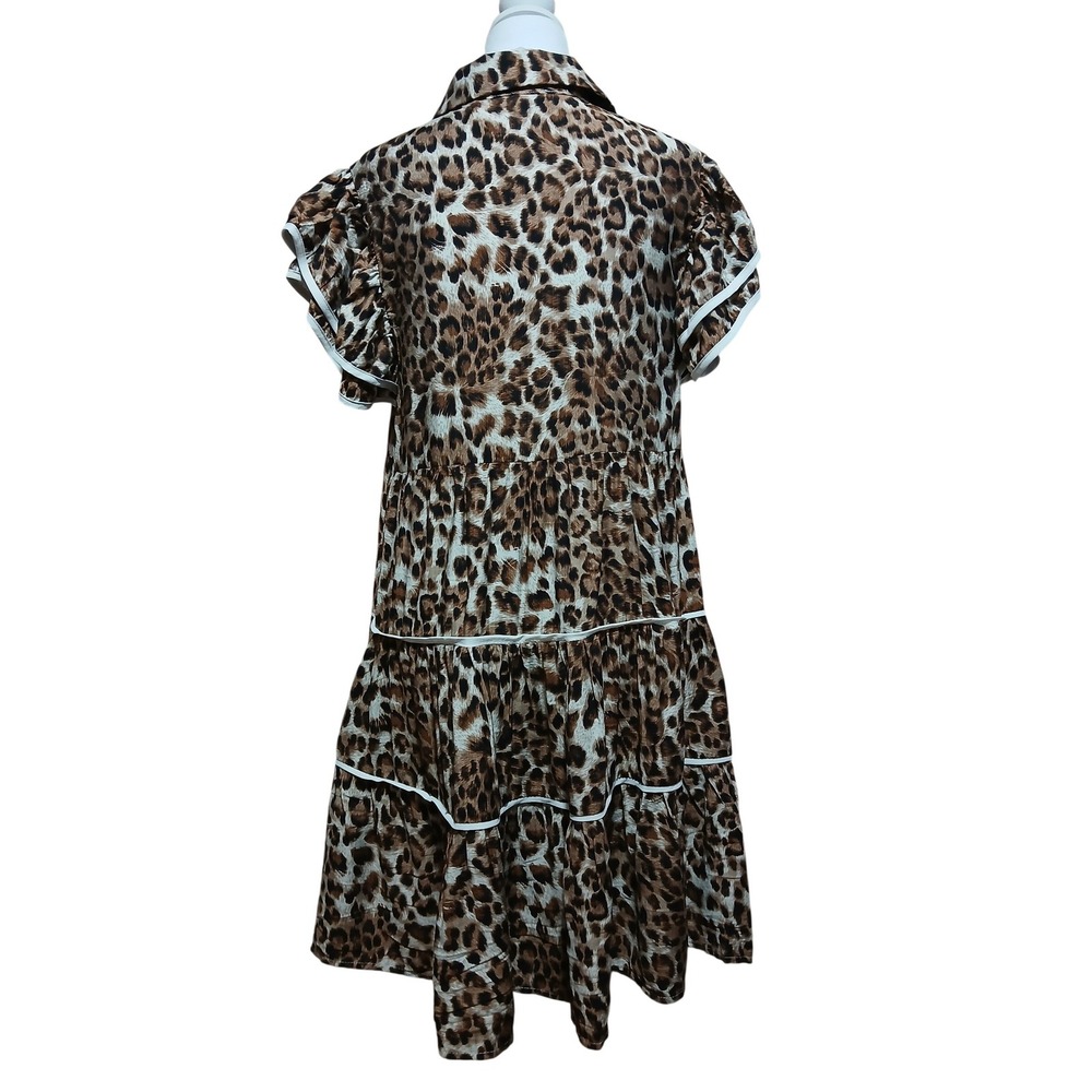 She + Sky Leopard Print Tiered Babydoll Mini Dress Ruffle Sleeve Brown White M - Picture 5 of 10